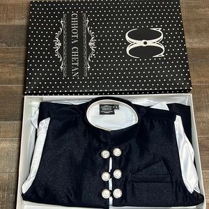 Indian Asian Formal Wear Boys 3 Piece Kurta Suit Shiny Black White